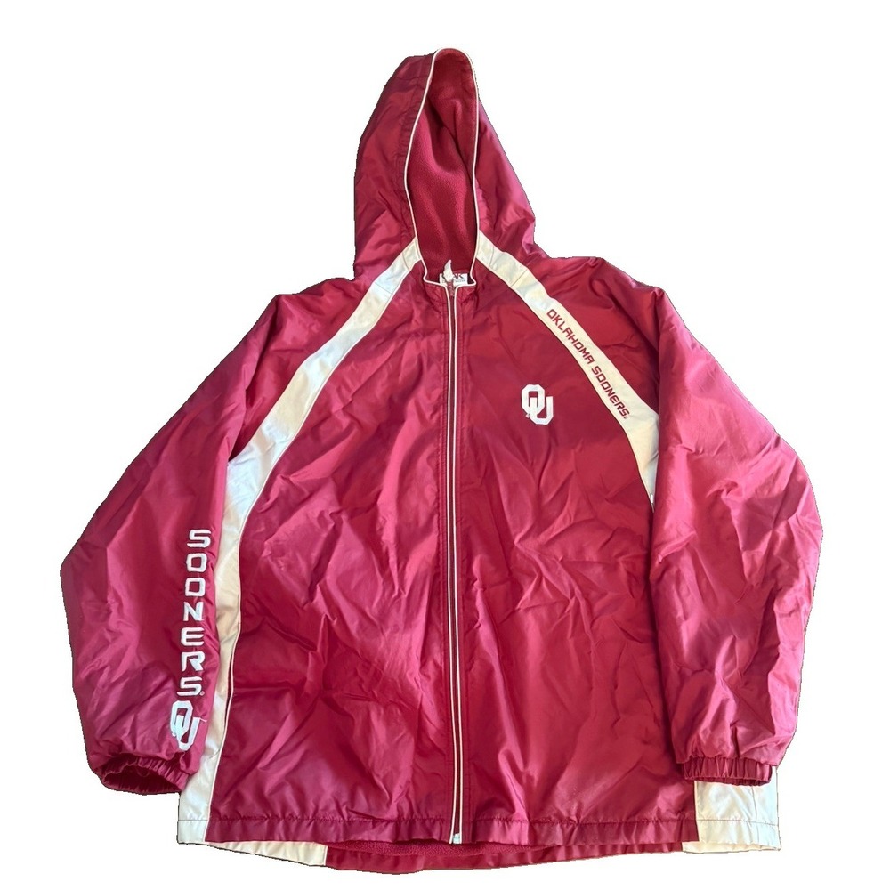 VTG Oklahoma Sooners Red Oak Mens XXL 3XL Fit Hooded Nylon Fan Jacket OU Crimson
